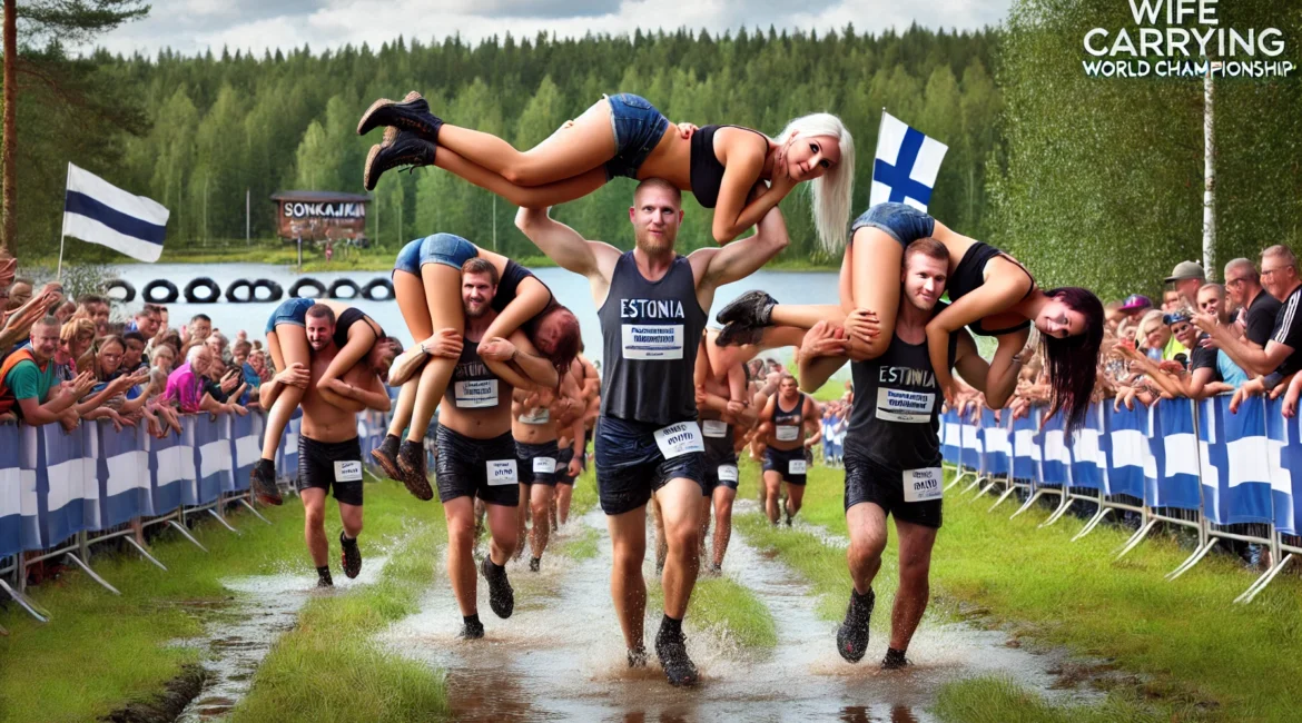 Men carrying women through an obstacle course at the Wife Carrying World Championship in Finland, with spectators and a forest in the background.