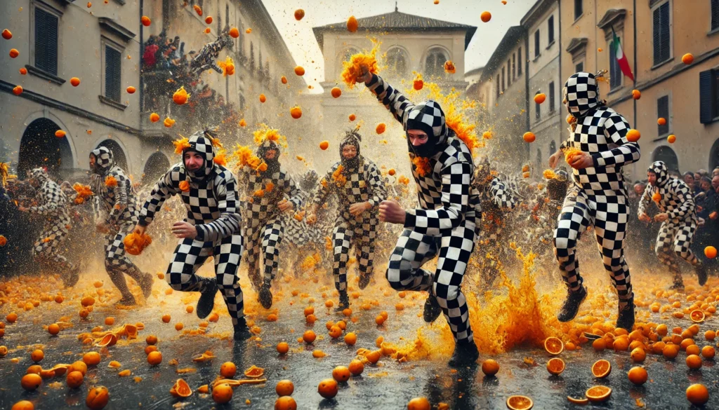 Participants in black and white checkered costumes at the Battle of the Oranges festival in Ivrea, Italy, throwing oranges in a lively street with historic architecture.