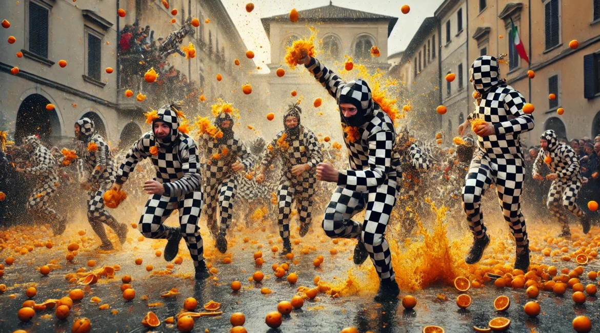 Participants in black and white checkered costumes at the Battle of the Oranges festival in Ivrea, Italy, throwing oranges in a lively street with historic architecture.