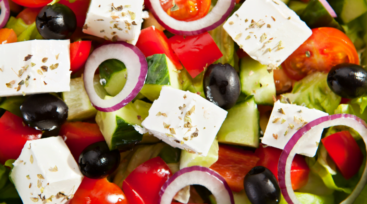 Classic Greek salad with crisp vegetables, feta cheese, and Kalamata olives