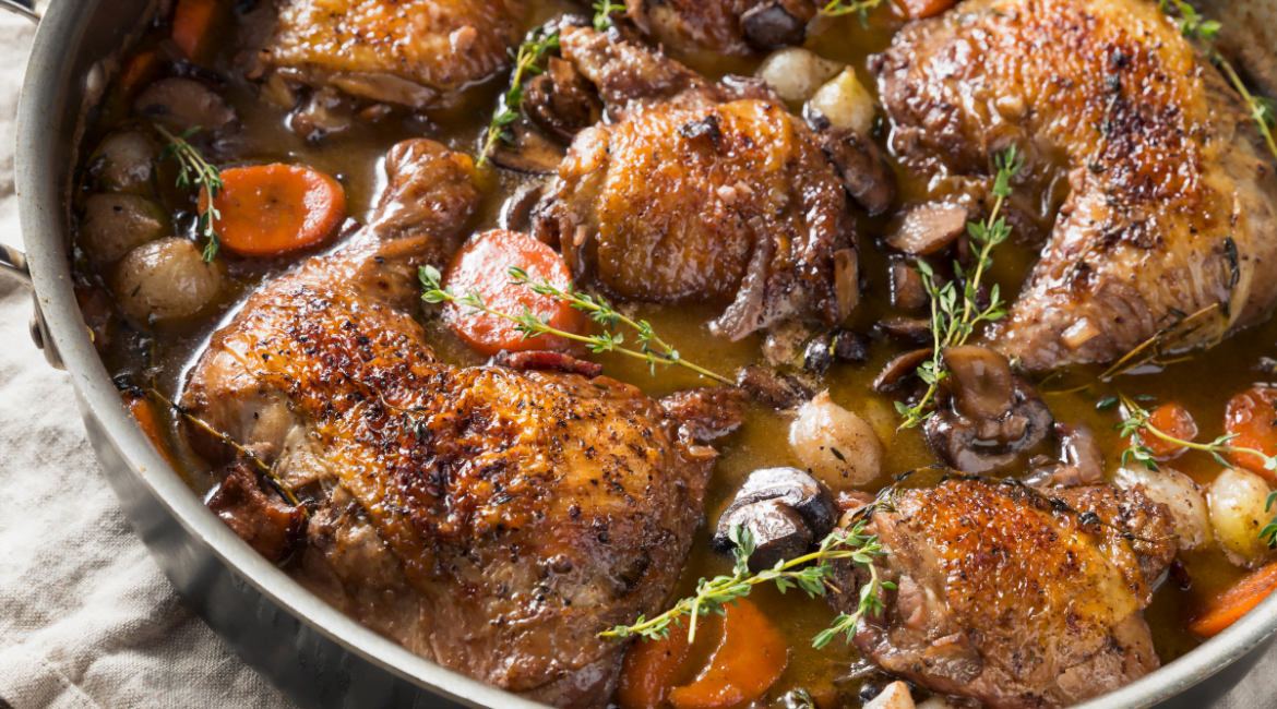 Classic Coq au Vin with chicken, mushrooms, and bacon