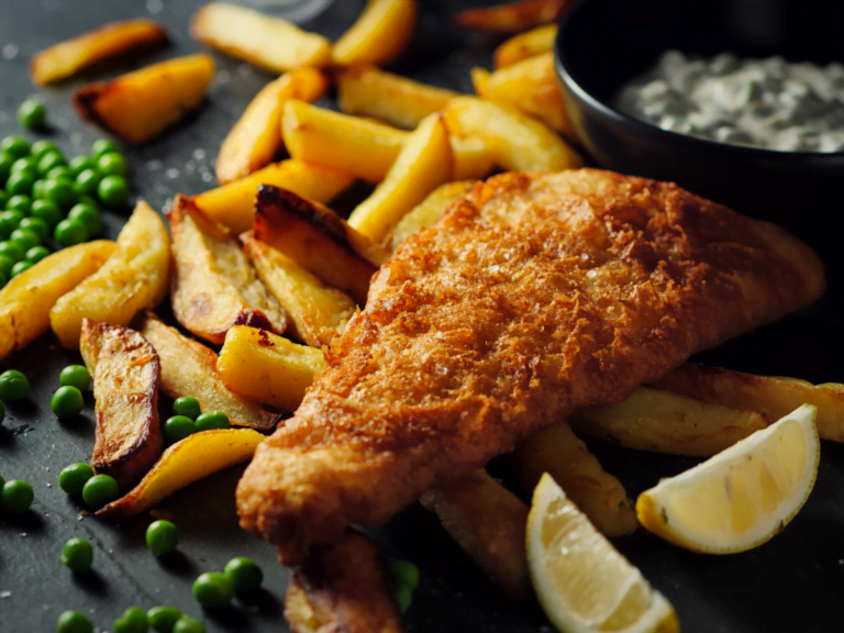 Classic British fish and chips with crispy battered fish and golden fries
