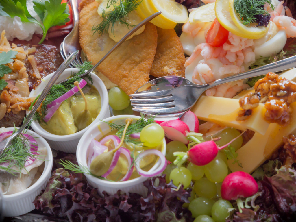 Traditional Danish Smørrebrød with rye bread and various toppings