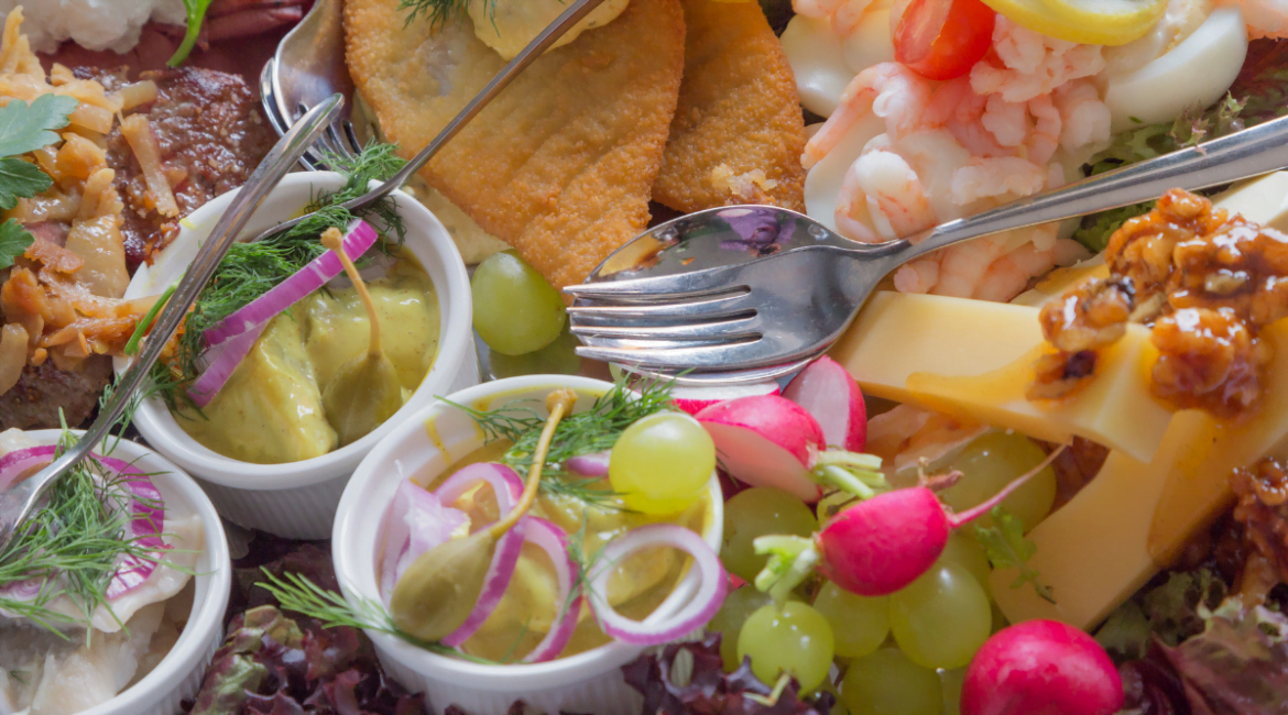 Traditional Danish Smørrebrød with rye bread and various toppings