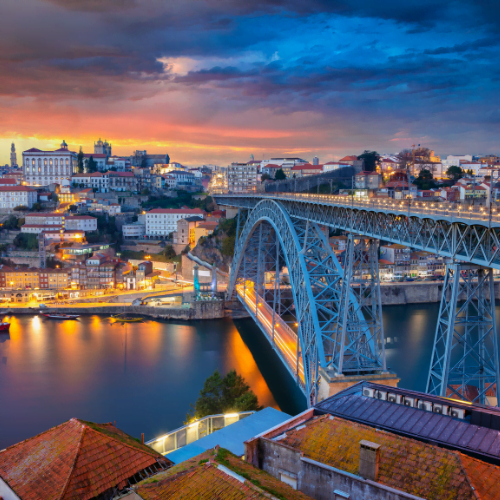 Lisbon cityscape with the Tagus River and the 25 de Abril Bridge in Portugal.