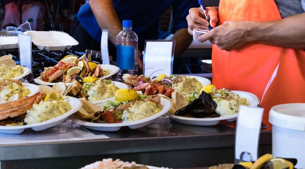 Prepared seafood dishes from Norway's Bergen Fish Market