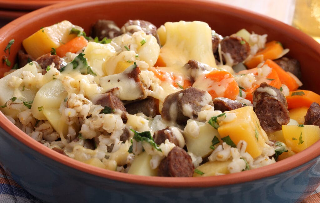 Traditional Irish Coddle with sausages, bacon, onions, and potatoes