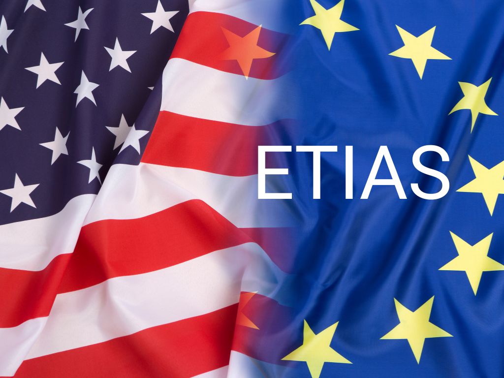 Flags of the United States and European Union representing ETIAS visa requirements for US travelers to Europe