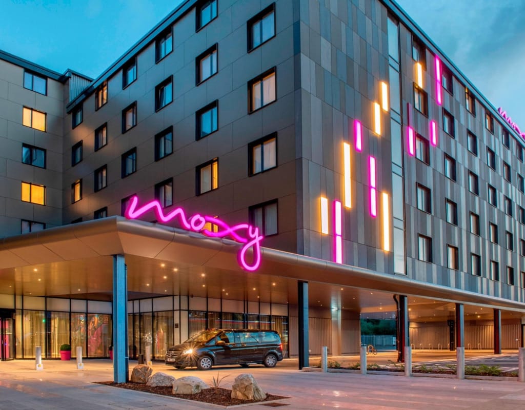 Exterior view of Moxy London Excel Hotel with modern architecture