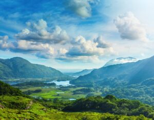 Panoramic view of the Ring of Kerry with lush green valleys and rugged coastlines