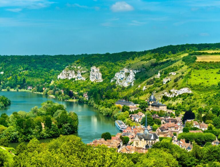 Scenic view of the Seine River and beautiful landscape during a Wine & Food Seine Cruise.