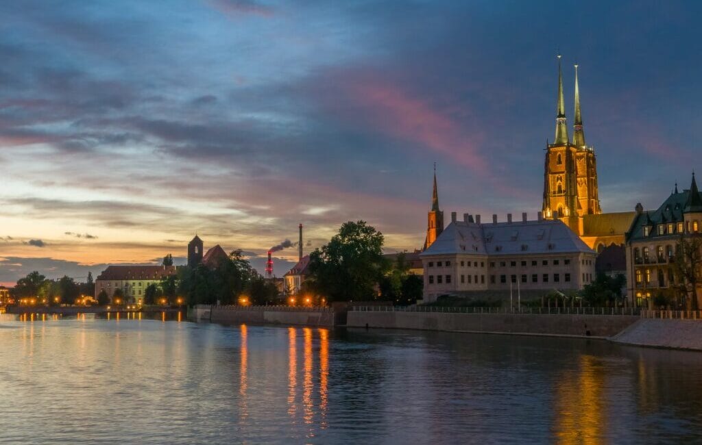 Wroclaw cityscape with sea and evening sky