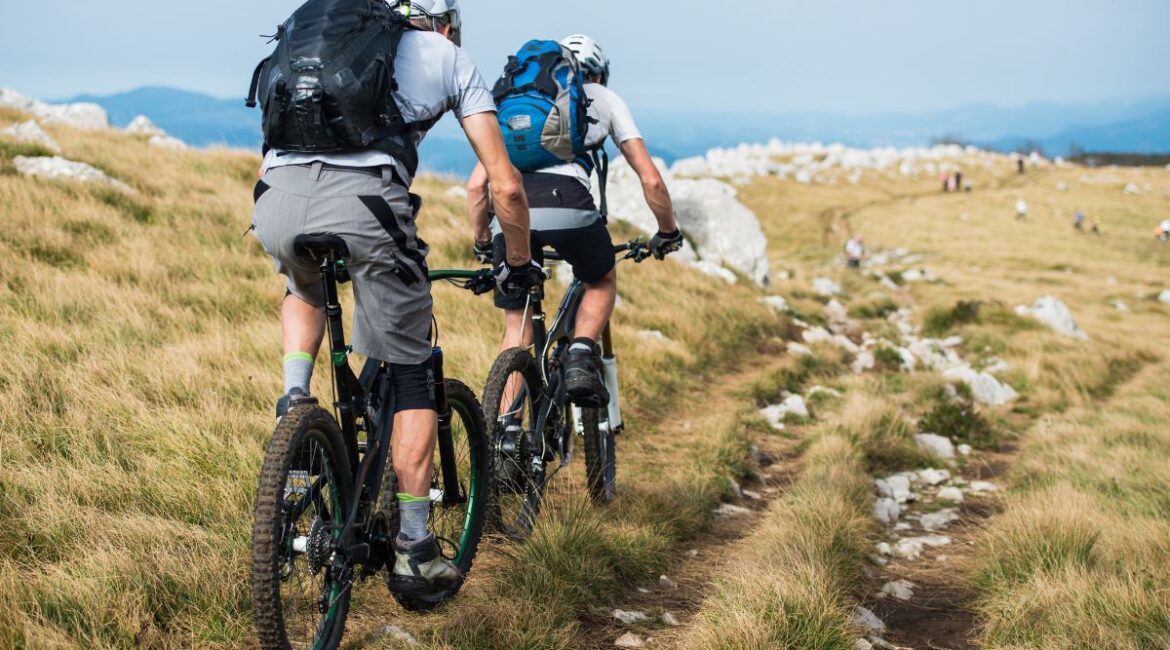 Two cyclists with backpacks riding through mountainous terrain in Germany.