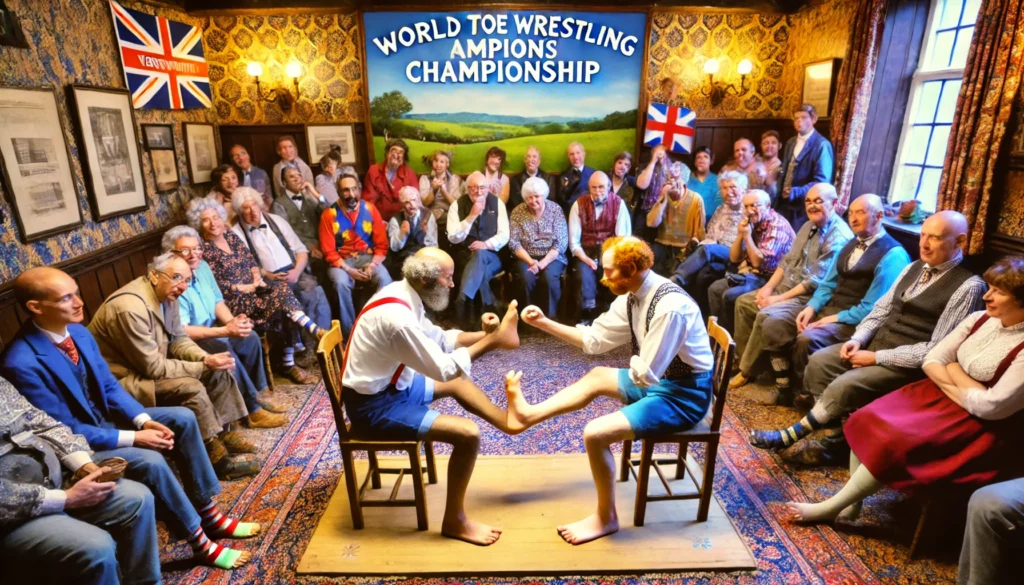 Two participants engage in a toe wrestling match at the World Toe Wrestling Championship in Derbyshire, England, with spectators in a rustic pub setting.