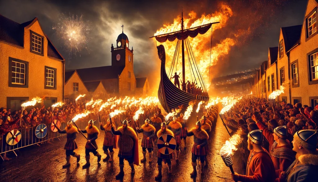 orch-lit procession and burning of a Viking longship at the Up Helly Aa festival in Lerwick, Scotland, with participants in Viking costumes and a crowd of spectators.