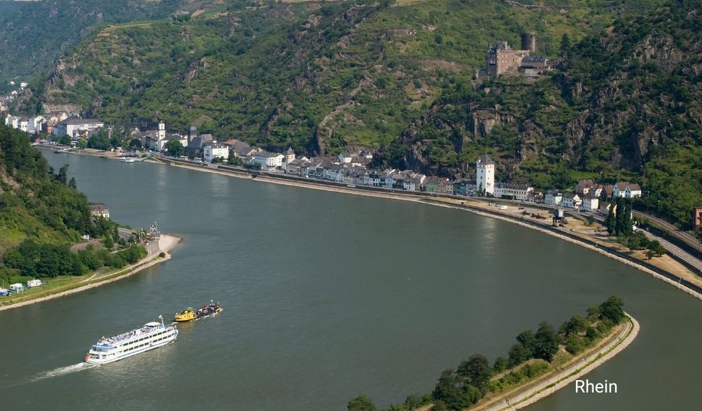 The Loreley rock formation with a ship on the Rhine River