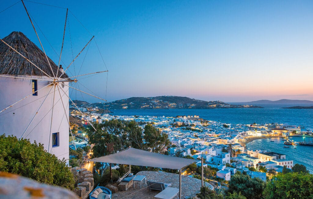 Mykonos at night with vibrant nightlife and stunning beaches
