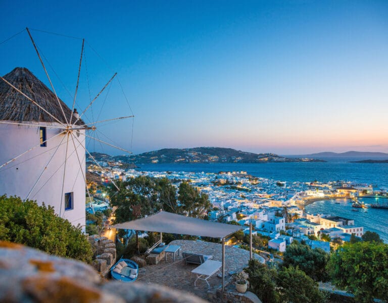 Mykonos at night with vibrant nightlife and stunning beaches