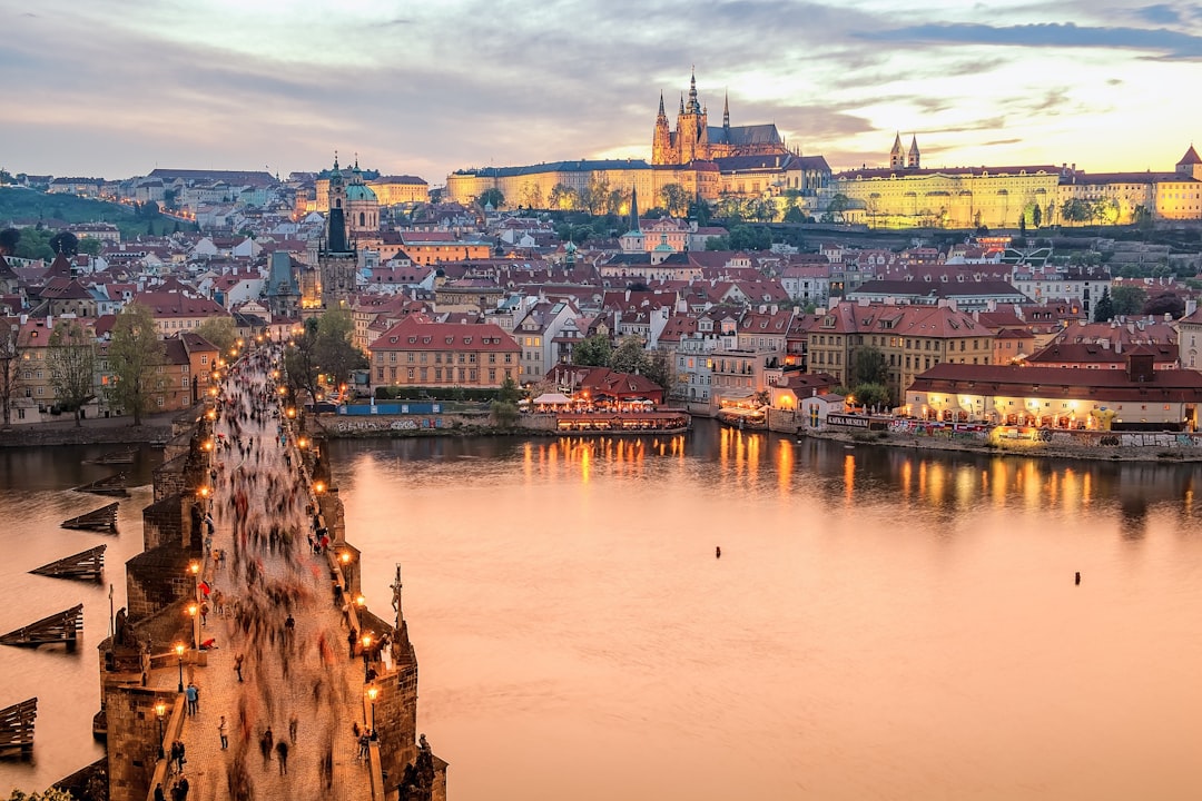 Evening panorama of Prague with the river and city skyline