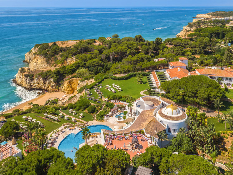 Vila Vita Parc Hotel Exterior with Pool, Sea, and Green Landscape